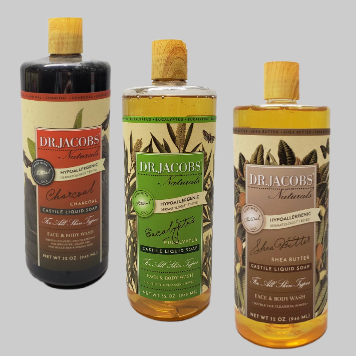 DR. JACOBS NATURALS Castile Liquid Soap Lot of 3: Charcoal, Eucalyptus, Shea Butter 32 oz (New)