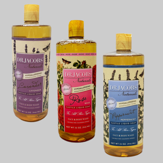 DR. JACOBS NATURALS Castile Liquid Soap Lot of 3: Lavender, Peppermint, Rose 32 oz (New)