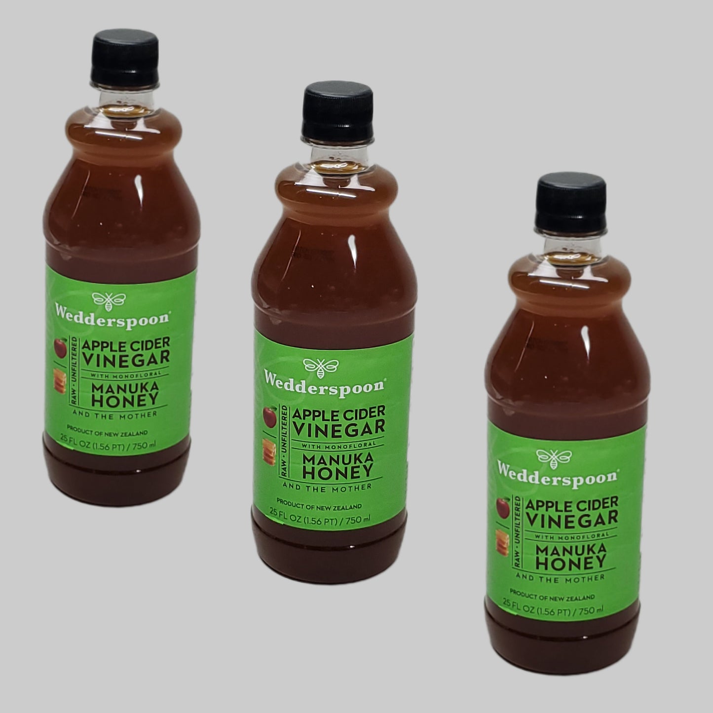 WEDDERSPOON Apple Cider Vinegar 3 Pack! W/ Manuka Honey New Zealand 25 FL OZ Best By 9/26 (New)