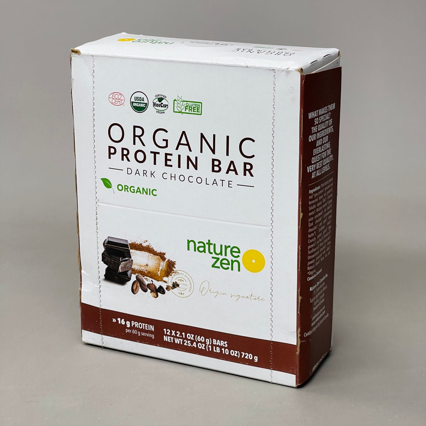 ZA@ NATURE ZEN Organic Protein Bars 12-PACK Dark Chocolate BB 02/23 (AS-IS)
