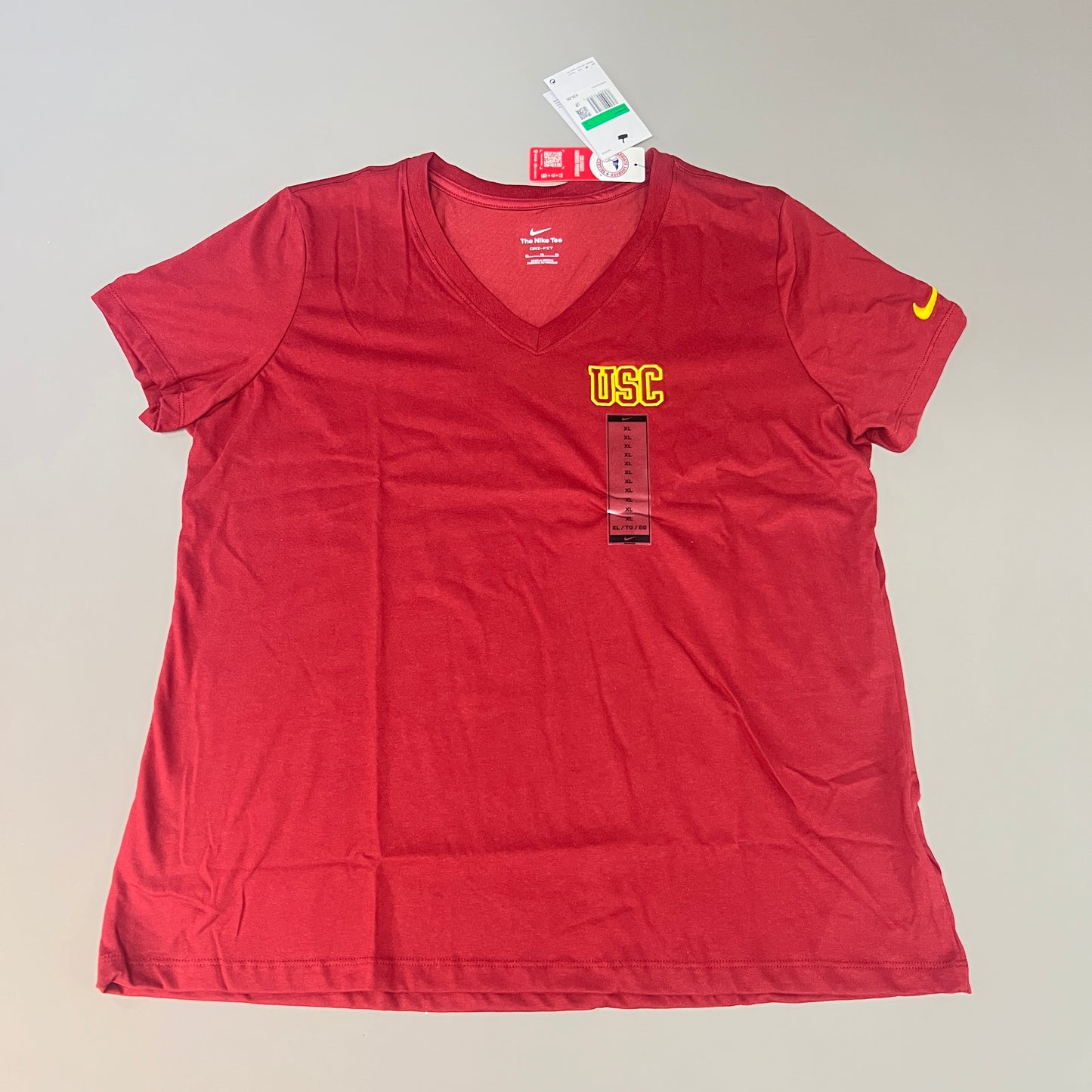 NIKE USC Trojans Logo Dri-Fit V-Neck T-Shirt Women's Sz XL Cardinal Red DQ1708-613 (New)