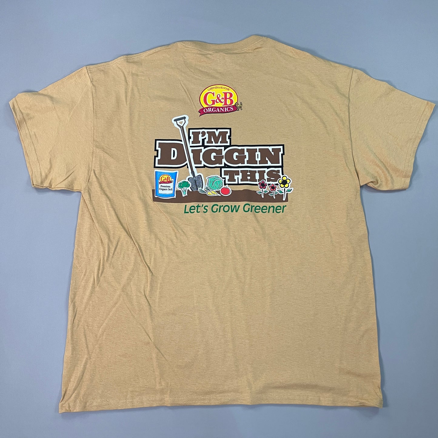 G&B Organics "I'm Diggin This" Logo T-shirt Unisex Sz XL Mustard (New)