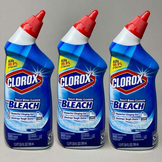 Z@ CLOROX Lot of 3 Toilet Bowl Cleaner w/ BLEACH Rain Clean Kills 99.9% Germs 24 fl oz (New)