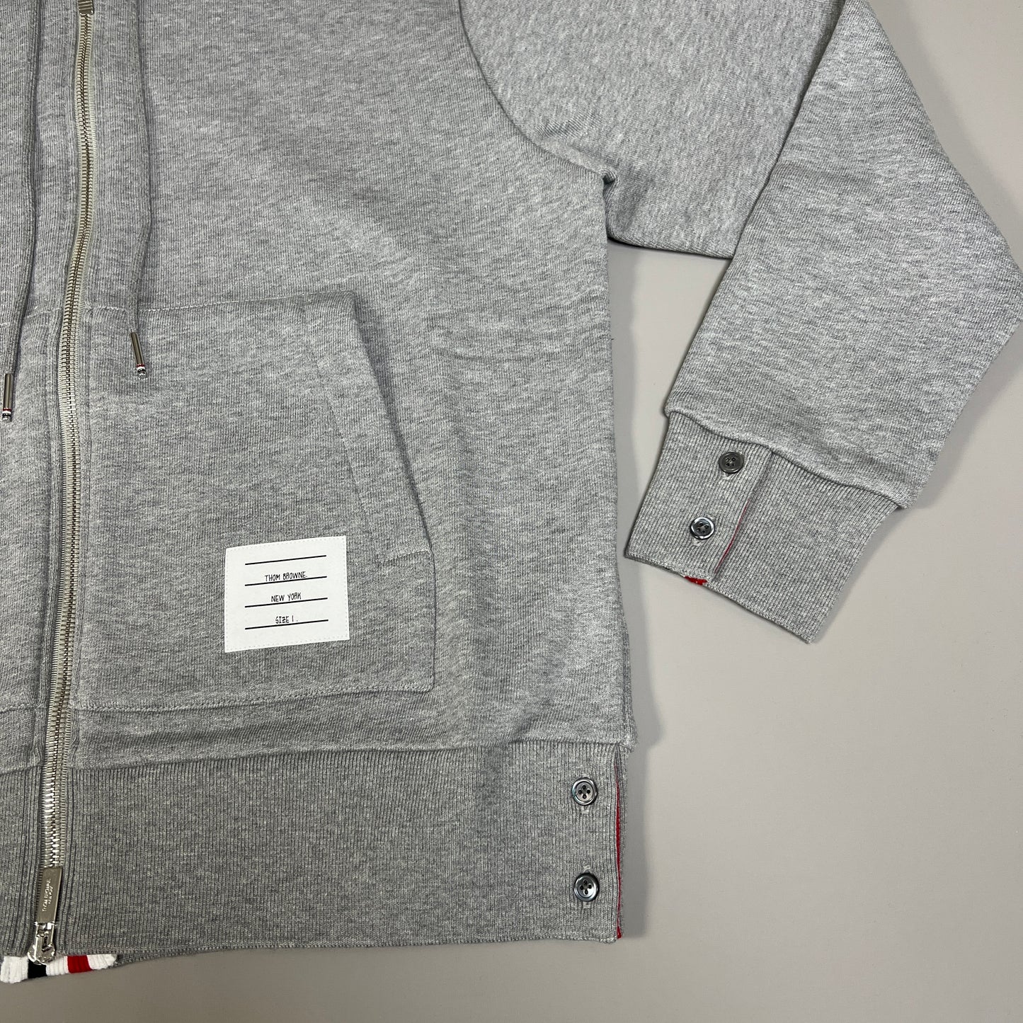 THOM BROWNE Hoodie Zip Up Pullover in Classic Loop Back w/Center Back RWB Stripe Lt Grey Size 1 (New)