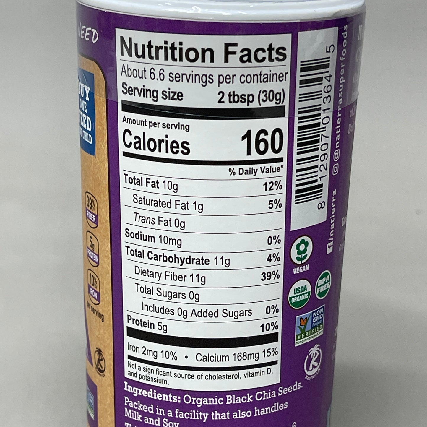 ZA@ NATIERRA Nature & Earth Organic Black Chia Seeds 7 oz Shakers / 2 Cartons (New) B