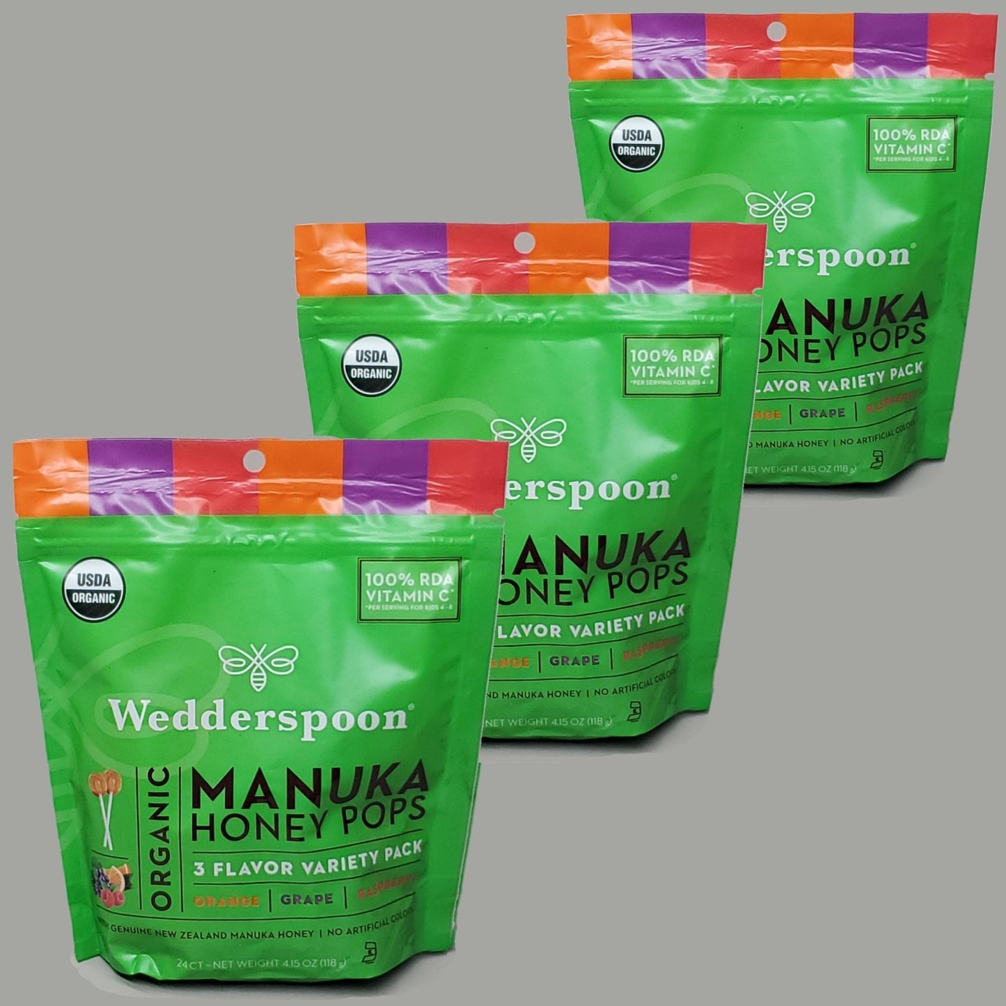 za@ WEDDERSPOON Pack of 3 Organic Manuka Honey Pops 3 Flavor 24 CT 4.15 OZ Best By 12/23 (New) E