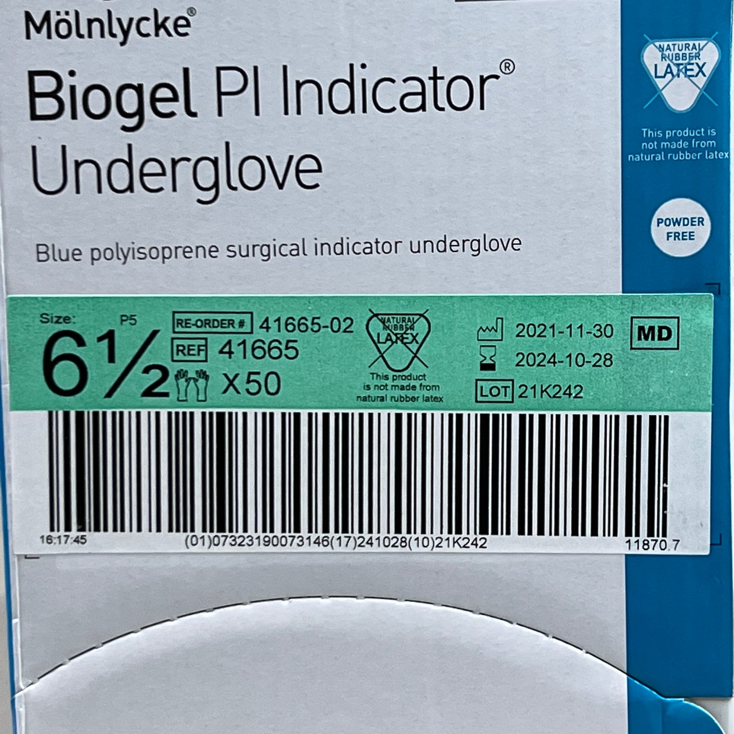 MOLNLYCKE Biogel Pl Indicator Synthetic Underglove SZ 6.5 Blue 50 Pairs 41665 (New)