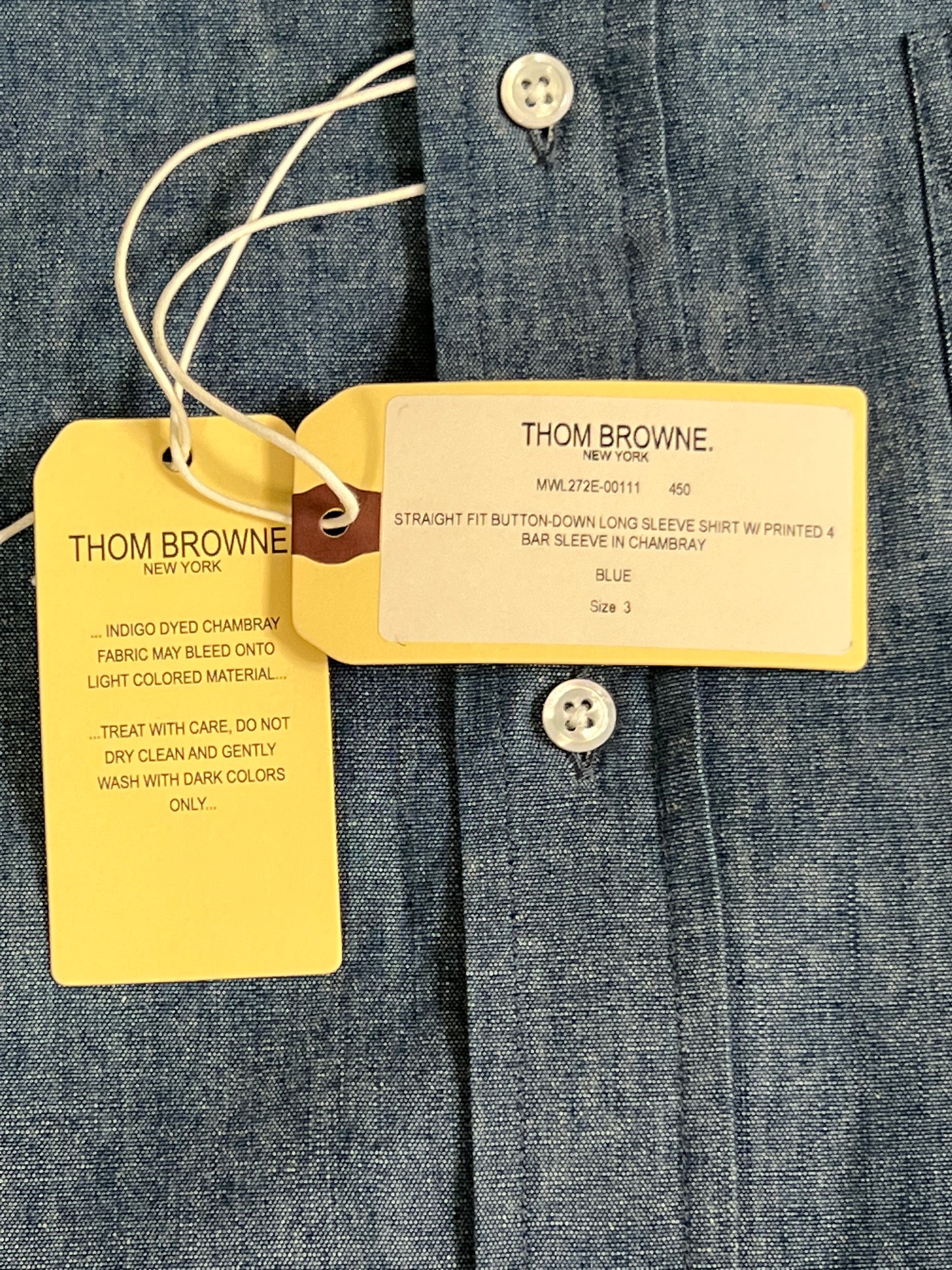THOM BROWNE Straight Fit Button-Down Long Sleeve Shirt w/printed 4 Bar Sleeve in Chambray Blue Size 3 (NEW)