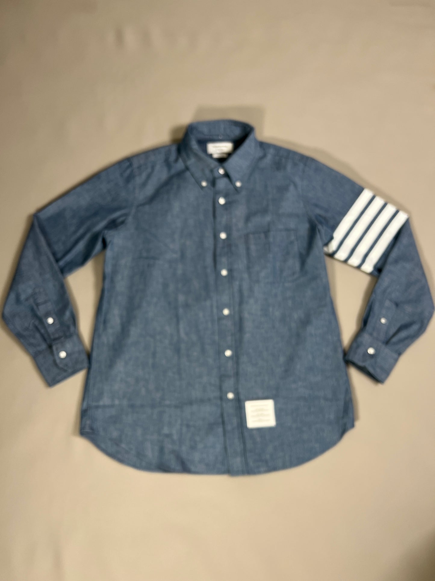 THOM BROWNE Straight Fit Button-Down Long Sleeve Shirt w/printed 4 Bar Sleeve in Chambray Blue Size 3 (NEW)