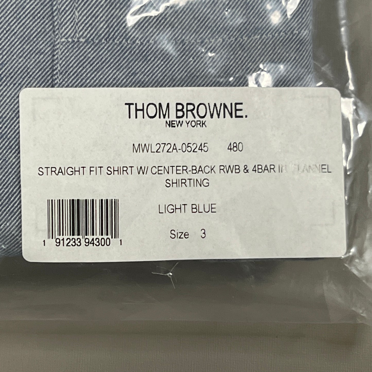 THOM BROWNE Straight Fit BD LS Shirt w/CB RWB GG in Solid Flannel w/woven 4 Bar Stripe in Light Blue Size 3 (NEW)