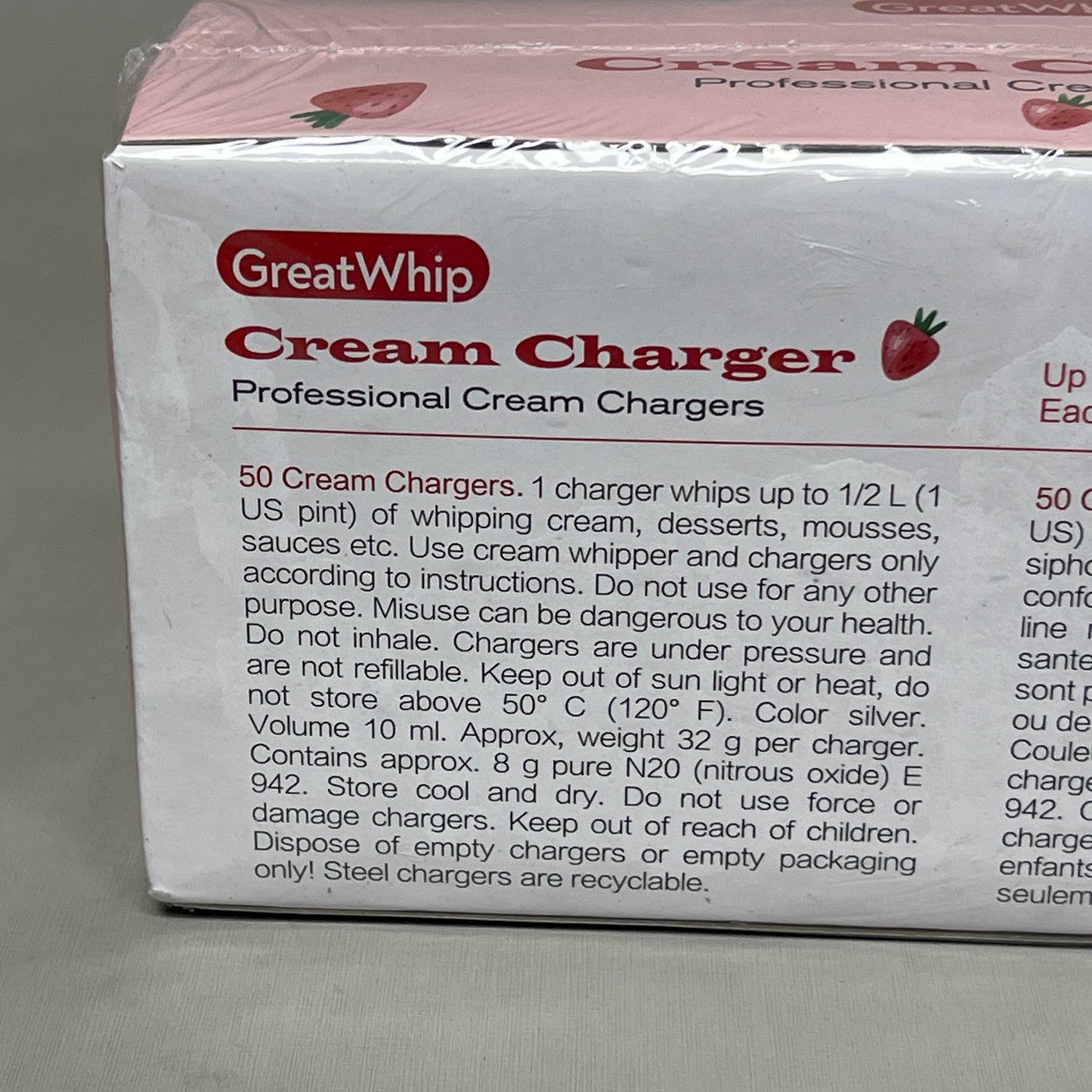 GREATWHIP Strawberry Professional Cream Chargers 50-PACK Best By 09/26 (New)