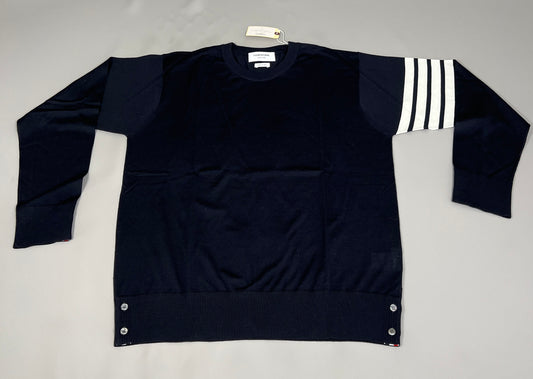 THOM BROWNE New York Classic Crewneck Pullover w/4 Bar Sleeve in Sustainable Fine Merino Wool Navy Size 5 (New)
