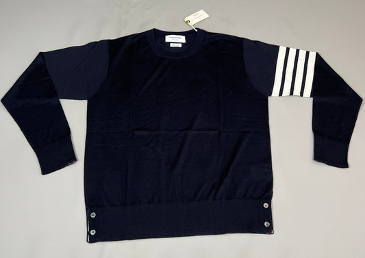 THOM BROWNE New York Classic Crewneck Pullover w/4 Bar Sleeve in Sustainable Fine Merino Wool Navy Size 3 (New)