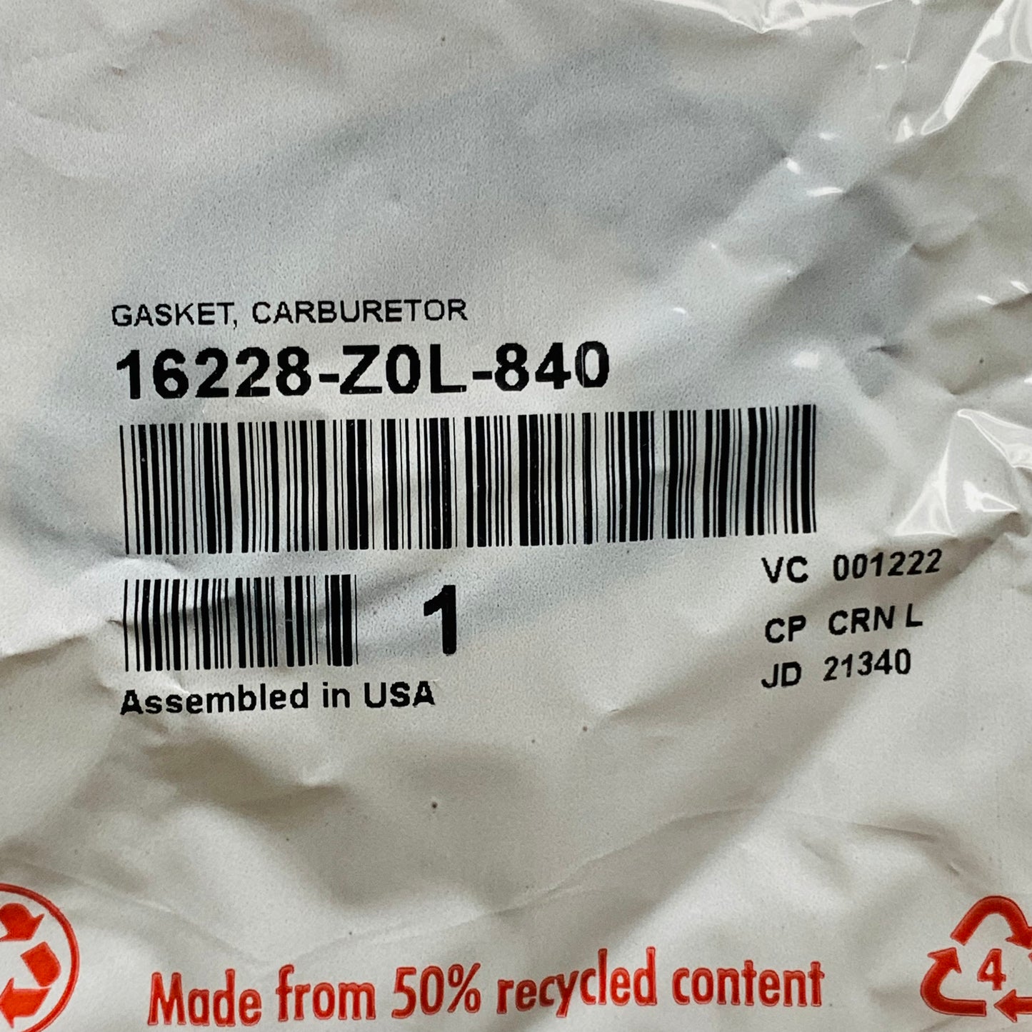 HONDA Honda Carburetor Gasket Choke Side 16228-Z0L-840 2 pk (New)