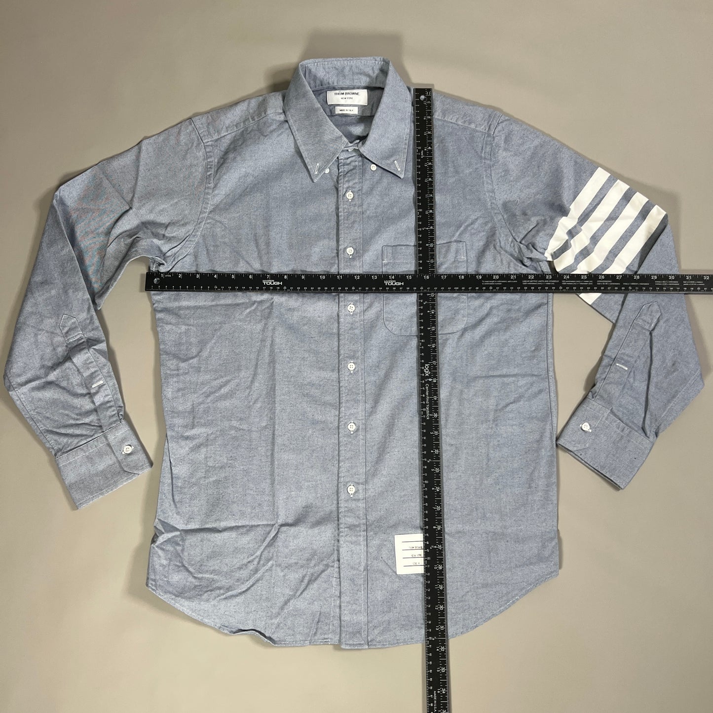 THOM BROWNE Straight Fit BD LS Shirt w/CB RWB GG in Solid Flannel w/woven 4 Bar Stripe in Light Blue Size 4 (NEW)