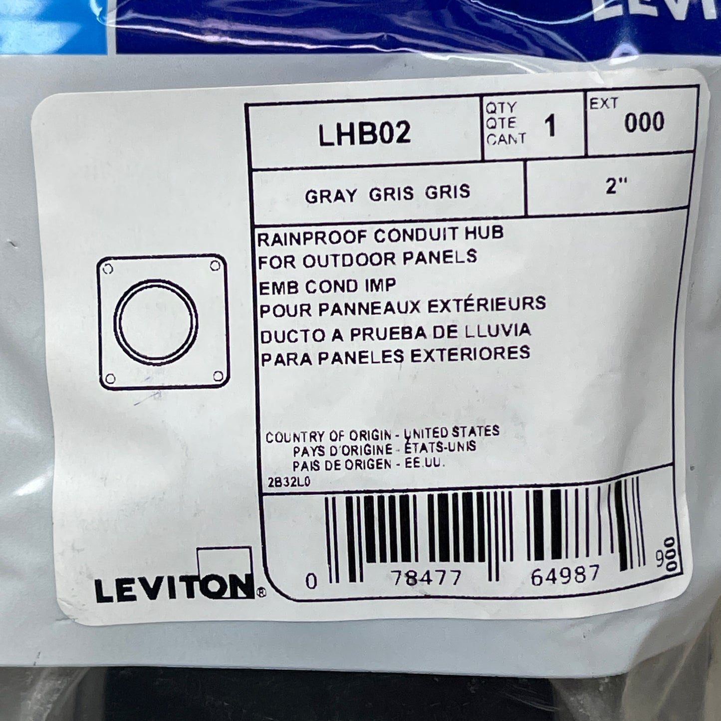 LEVITON Rainproof 2" Conduit Hub for Outdoor Panels 000-LHB02 (New)