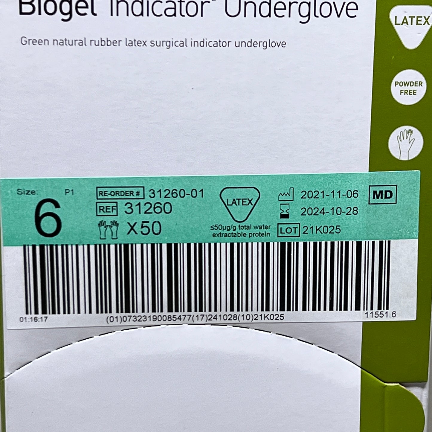 MOLNLYCKE Biogel Latex Surgical Indicator Underglove SZ 6 Green 50 Pairs 31260 (New)
