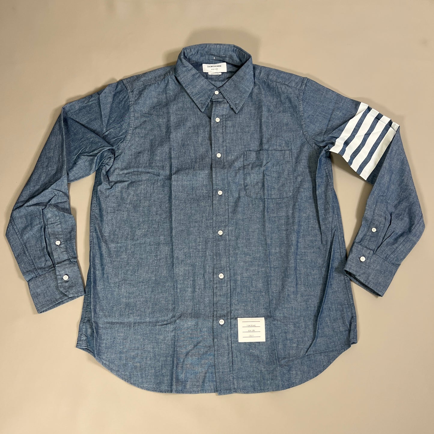 THOM BROWNE Straight Fit Button-Down Long Sleeve Shirt w/printed 4 Bar Sleeve in Chambray Blue Size 4 (NEW)
