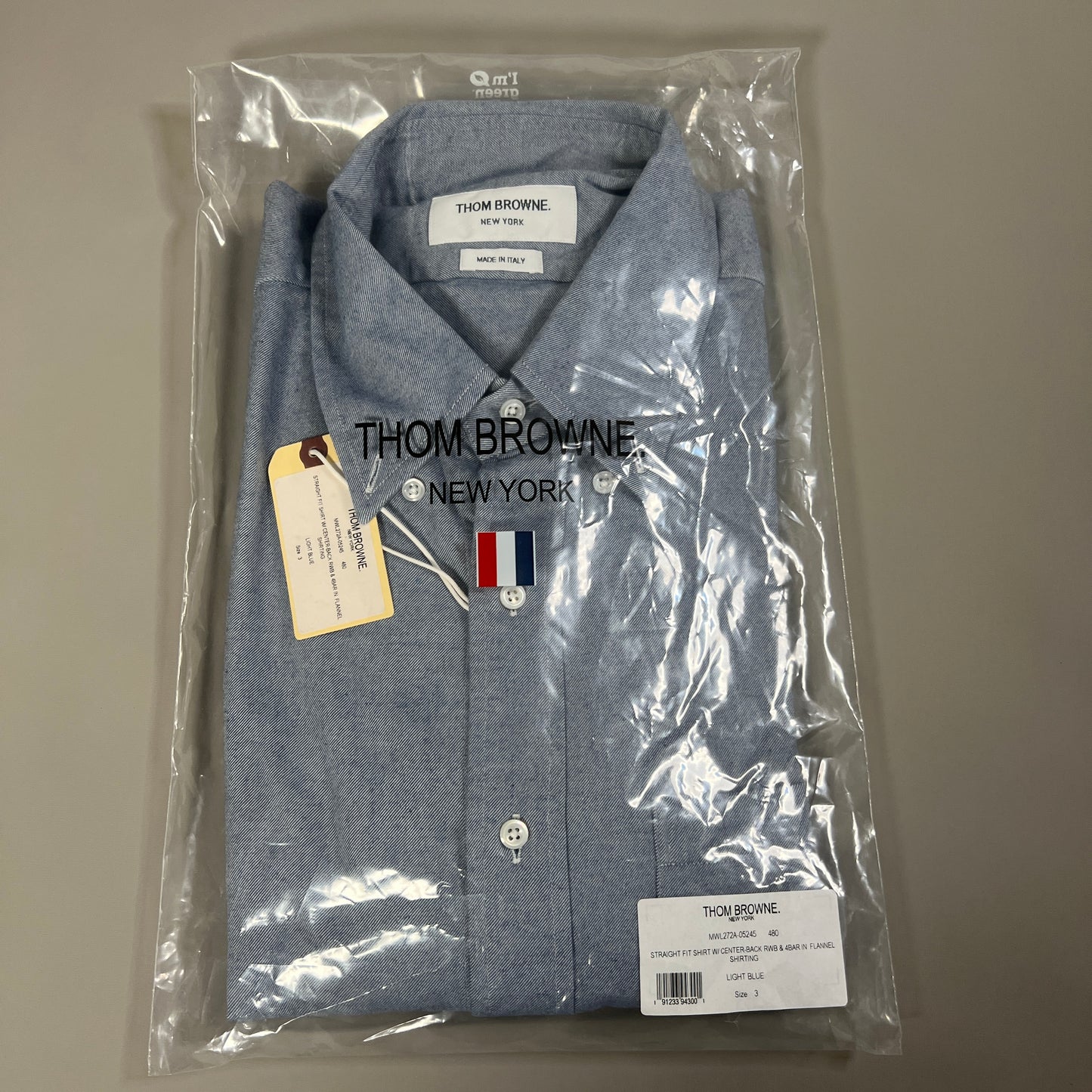 THOM BROWNE Straight Fit BD LS Shirt w/CB RWB GG in Solid Flannel w/woven 4 Bar Stripe in Light Blue Size 3 (NEW)