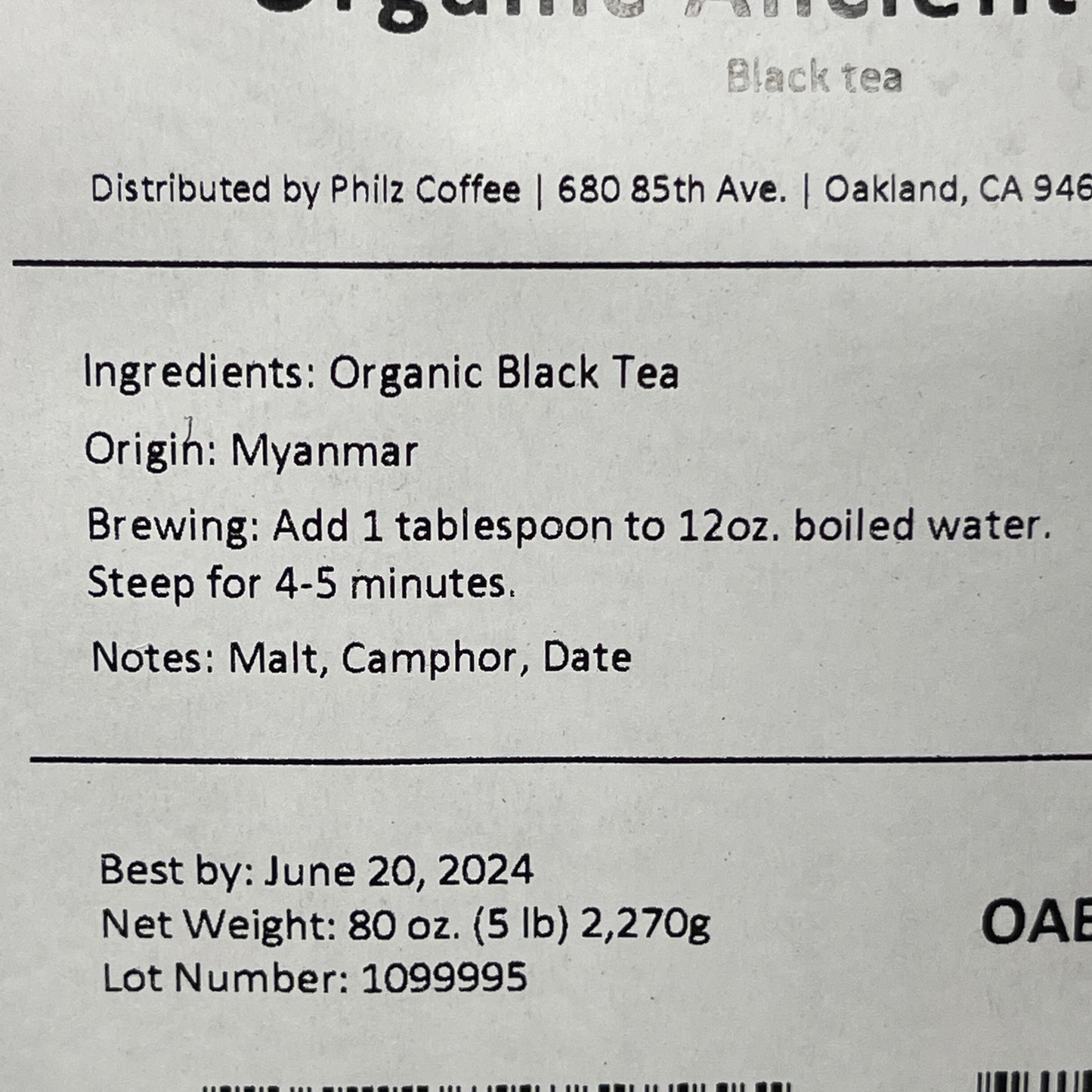 PHILZ COFFEE Organic Ancient Black Tea 80OZ (5 Lb) 6/24 OABPHLZ-5P