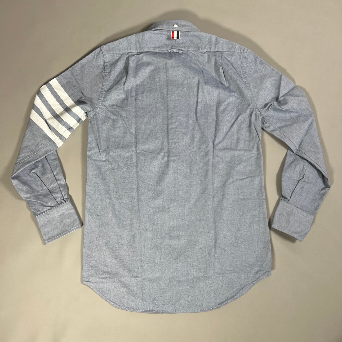 THOM BROWNE Straight Fit BD LS Shirt w/CB RWB GG in Solid Flannel w/woven 4 Bar Stripe in Light Blue Size 0 (NEW)