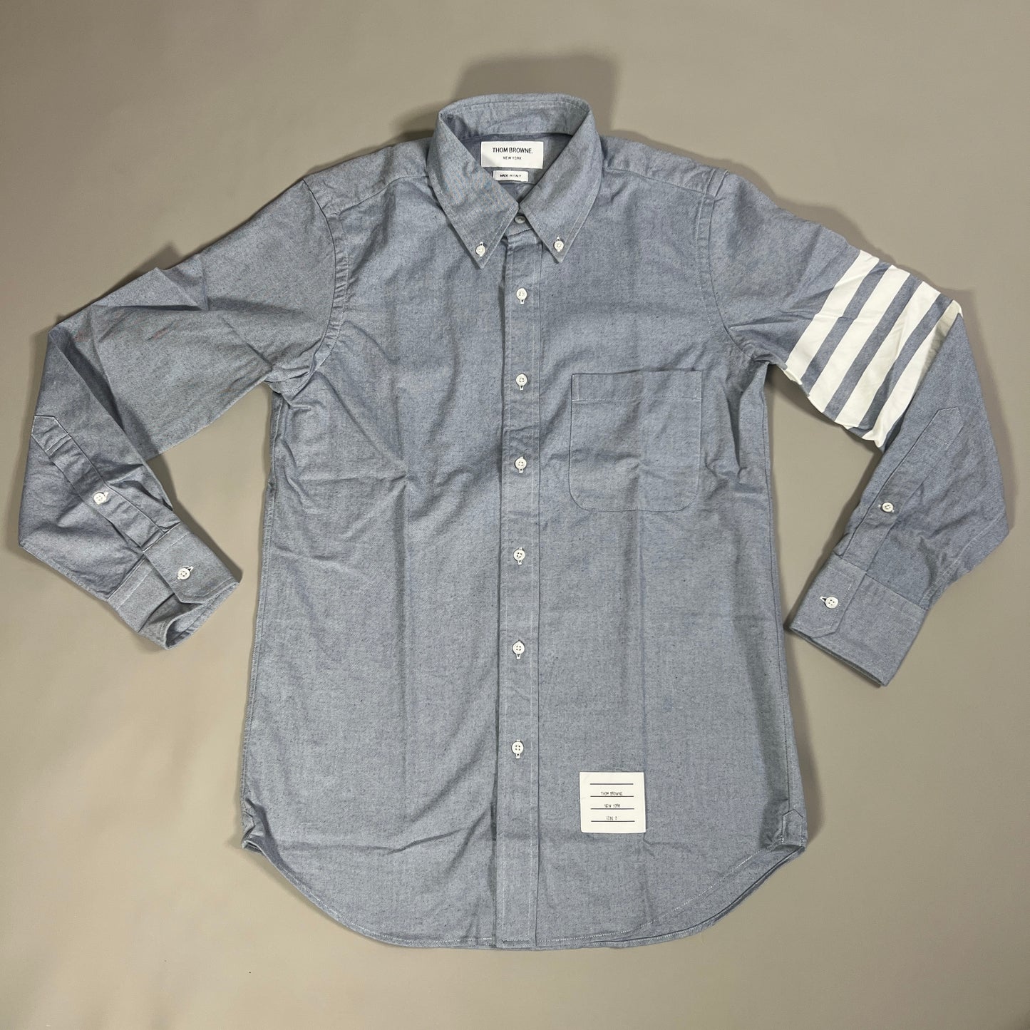 THOM BROWNE Straight Fit BD LS Shirt w/CB RWB GG in Solid Flannel w/woven 4 Bar Stripe in Light Blue Size 0 (NEW)