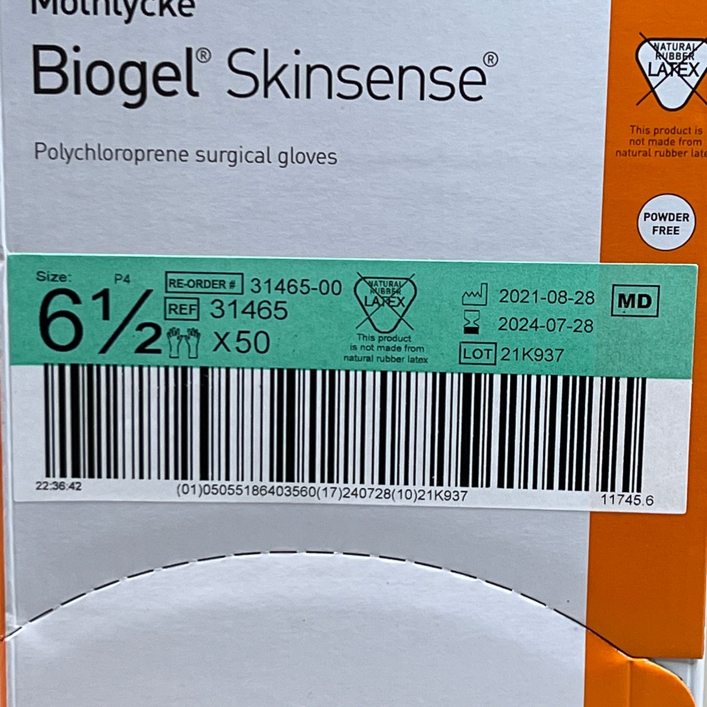 MOLNLYCKE Biogel Skinsense Polychloroprene Surgical Gloves SZ 6.5 Orange 50 Pairs 31465 (New)