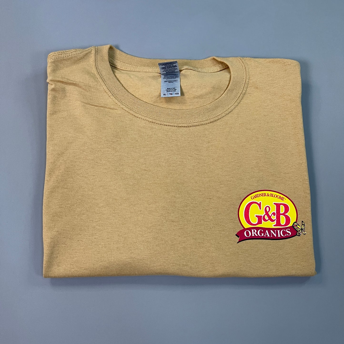 G&B Organics "I'm Diggin This" Logo T-shirt Unisex Sz XL Mustard (New)