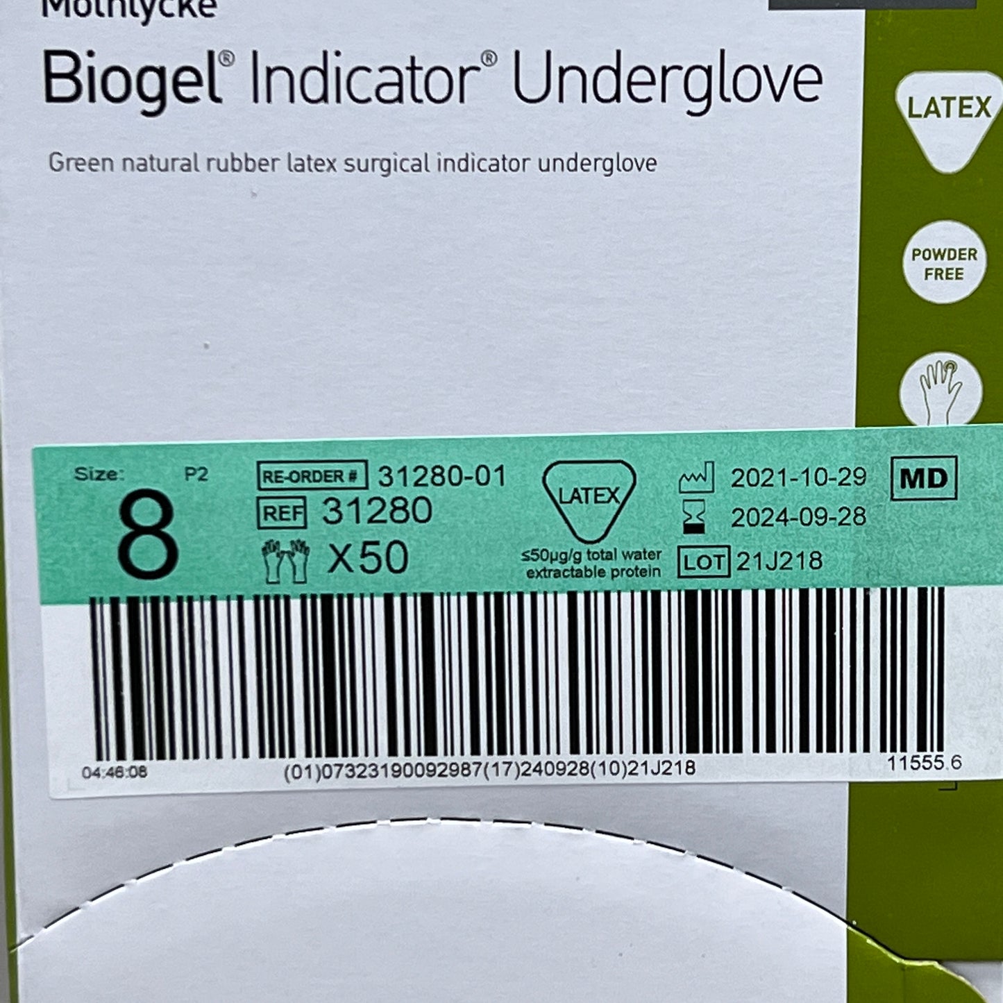 MOLNLYCKE Biogel Latex Surgical Indicator Underglove SZ 8 Green 50 Pairs 31280 (New)