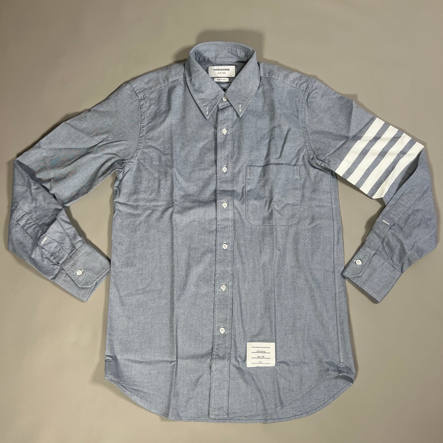 THOM BROWNE Straight Fit BD LS Shirt w/CB RWB GG in Solid Flannel w/woven 4 Bar Stripe in Light Blue Size 1 (NEW)