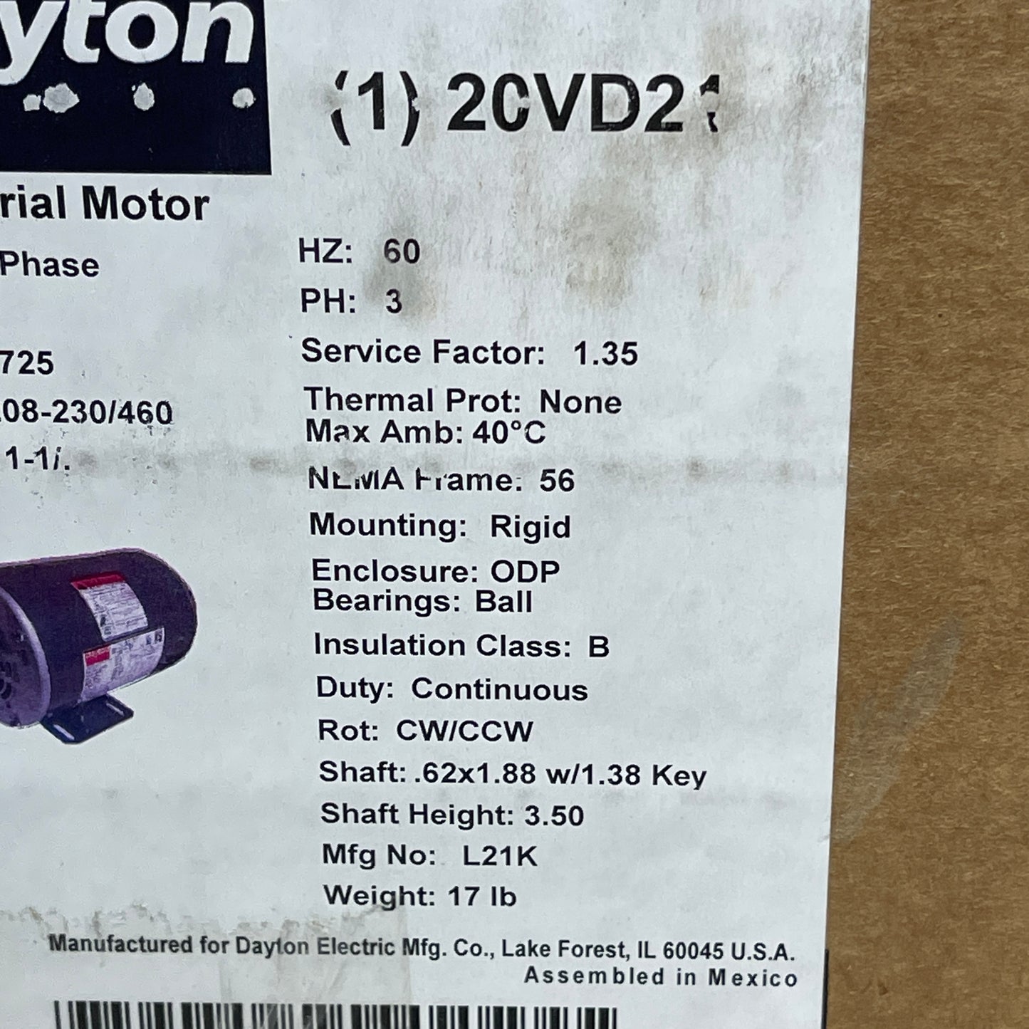 DAYTON Industrial Continuous Electric Motor 1/4 HP 3 PH 1725 RPM 20VD21 (New)
