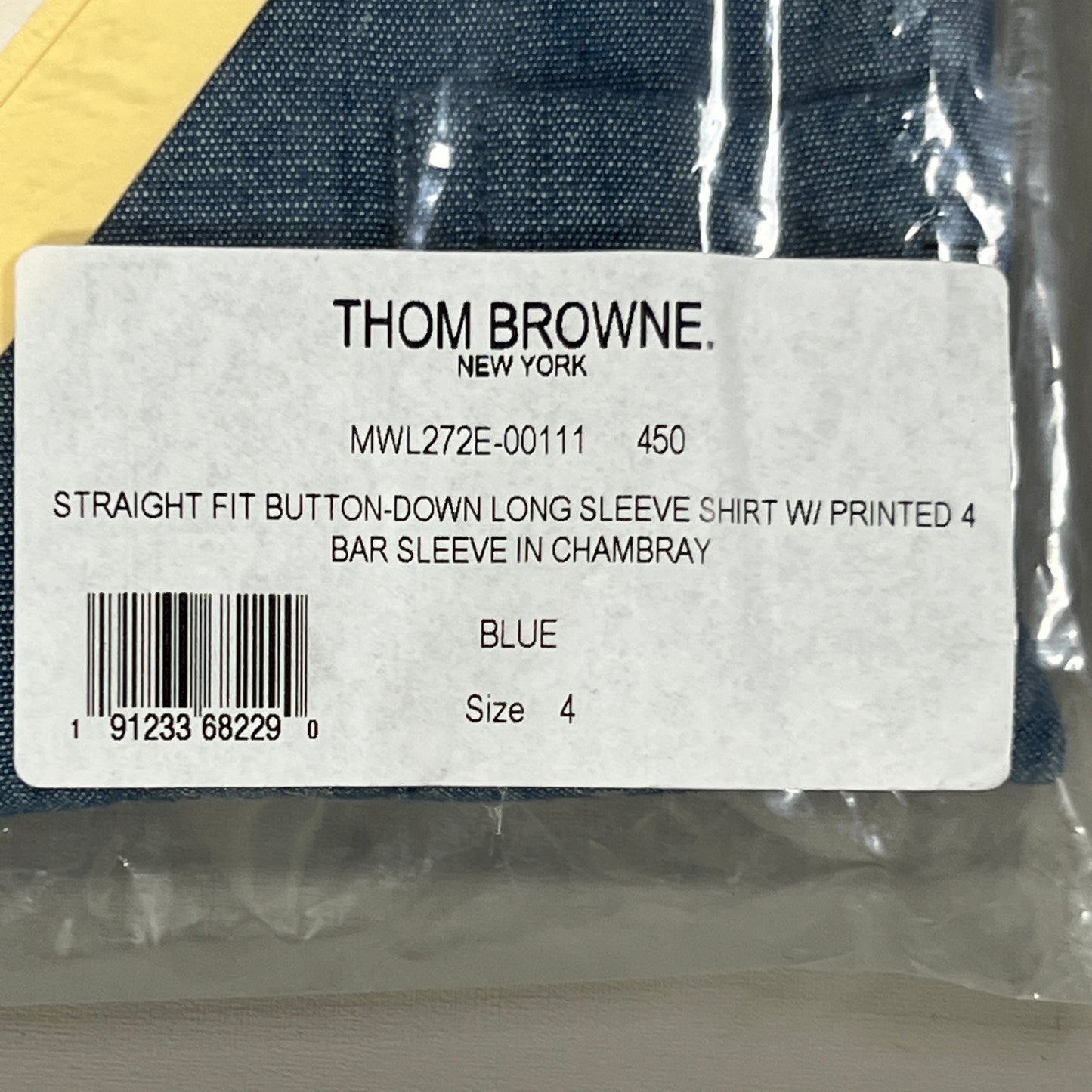 THOM BROWNE Straight Fit Button-Down Long Sleeve Shirt w/printed 4 Bar Sleeve in Chambray Blue Size 4 (NEW)