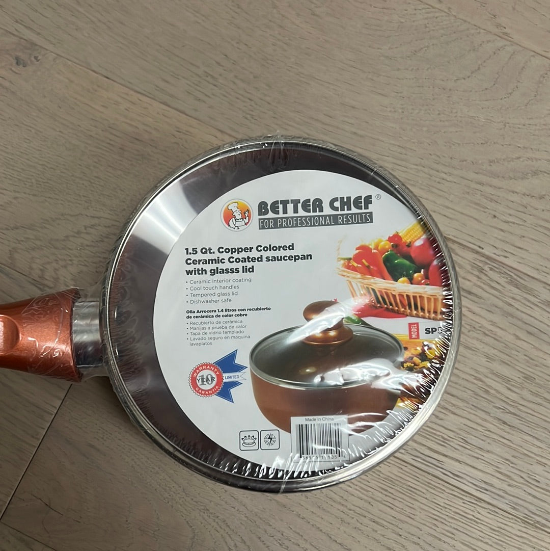 BETTER CHEF 1.5 Qt Copper Colored Ceramic Coated Sauce Pan W/ Glass Lid SP5 (New)