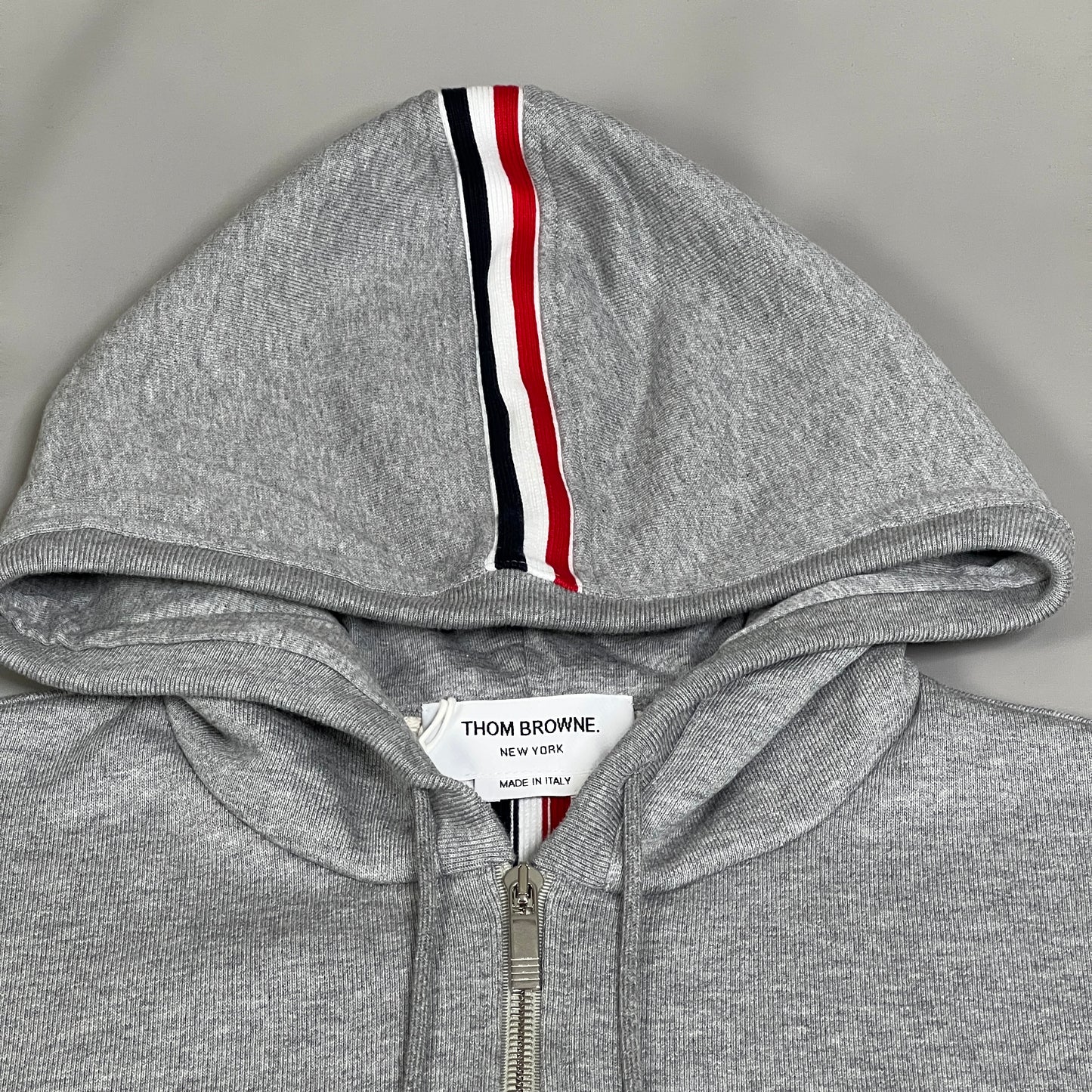 THOM BROWNE Hoodie Zip Up Pullover in Classic Loop Back w/Center Back RWB Stripe Lt Grey Size 1 (New)
