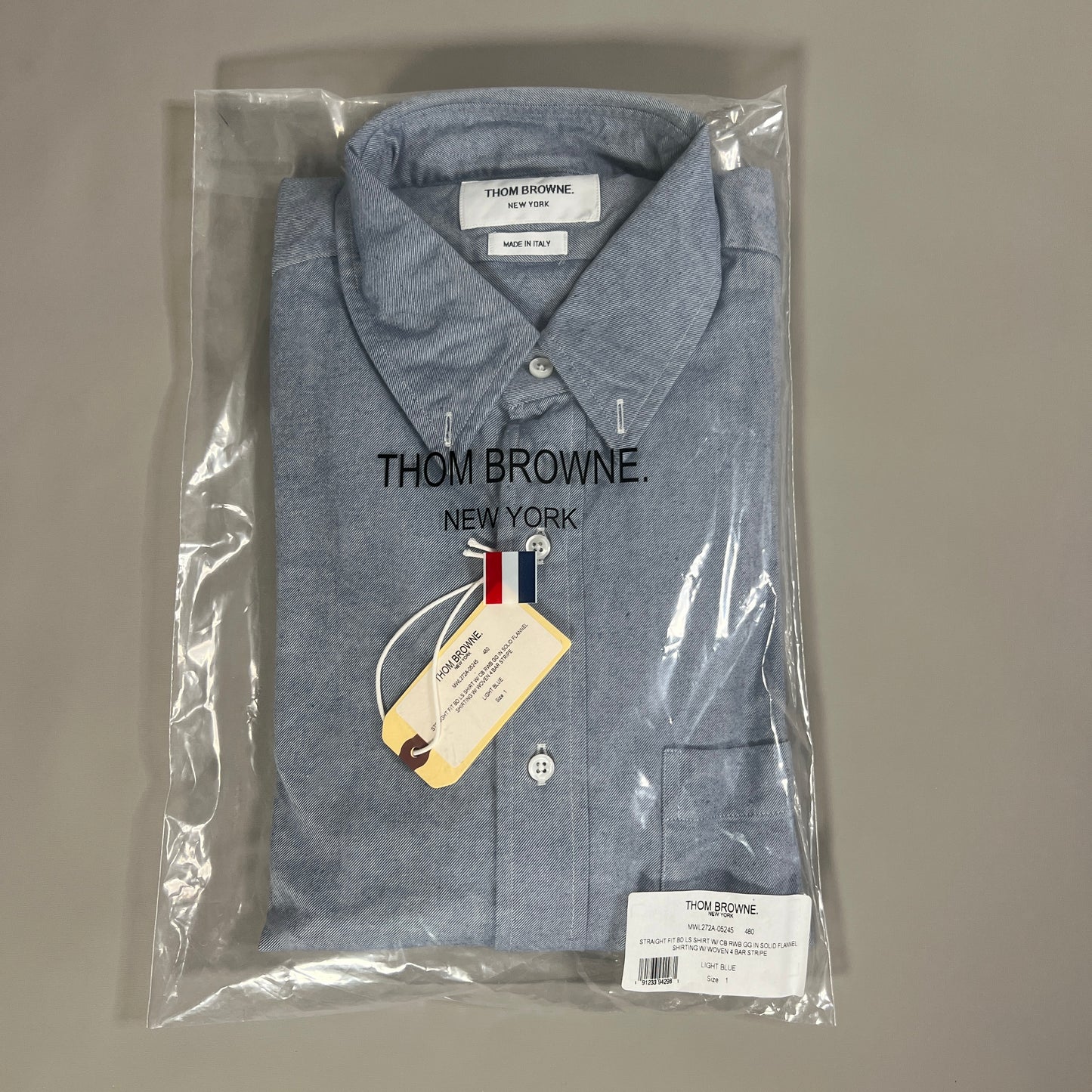 THOM BROWNE Straight Fit BD LS Shirt w/CB RWB GG in Solid Flannel w/woven 4 Bar Stripe in Light Blue Size 1 (NEW)