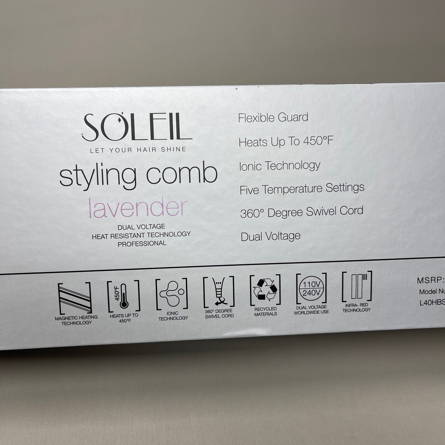 SOLEIL Styling Comb Ionic Flexible Guard 450° Lavender L40HBS-B52 MSRP $375 (New)